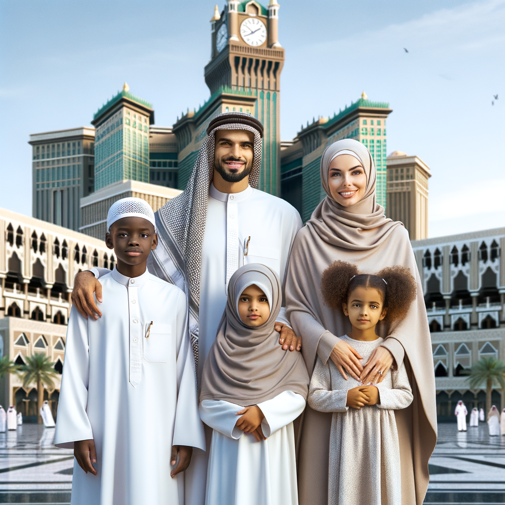 photograph of muslim family with the background of makkah hotel