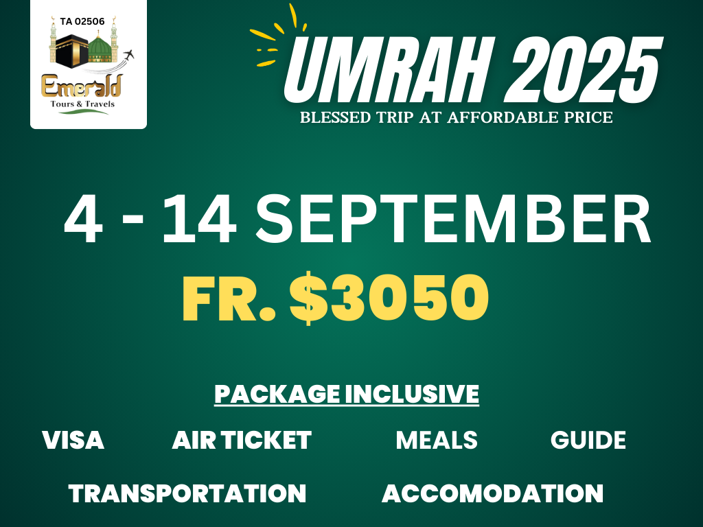 4-14 September 2025 - Front cover of a professionally designed Umrah brochure for 2025, featuring the Kaaba at Masjid al-Haram with golden minarets and pilgrims in white ihram. Text highlights ‘Trusted Umrah Packages from Singapore – Flights, Hotels, Ziyarah & Guidance Included’ with contact details and agency logo at the bottom.