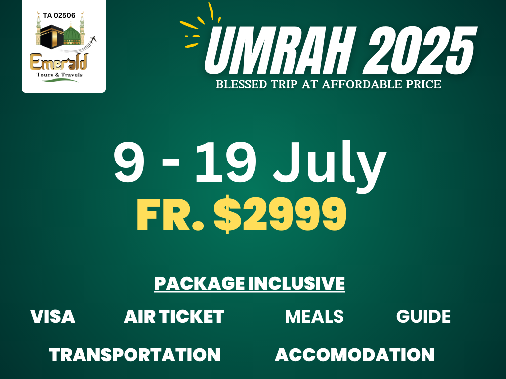 9-19Jul 2025 - Front cover of a professionally designed Umrah brochure for 2025, featuring the Kaaba at Masjid al-Haram with golden minarets and pilgrims in white ihram. Text highlights ‘Trusted Umrah Packages from Singapore – Flights, Hotels, Ziyarah & Guidance Included’ with contact details and agency logo at the bottom.