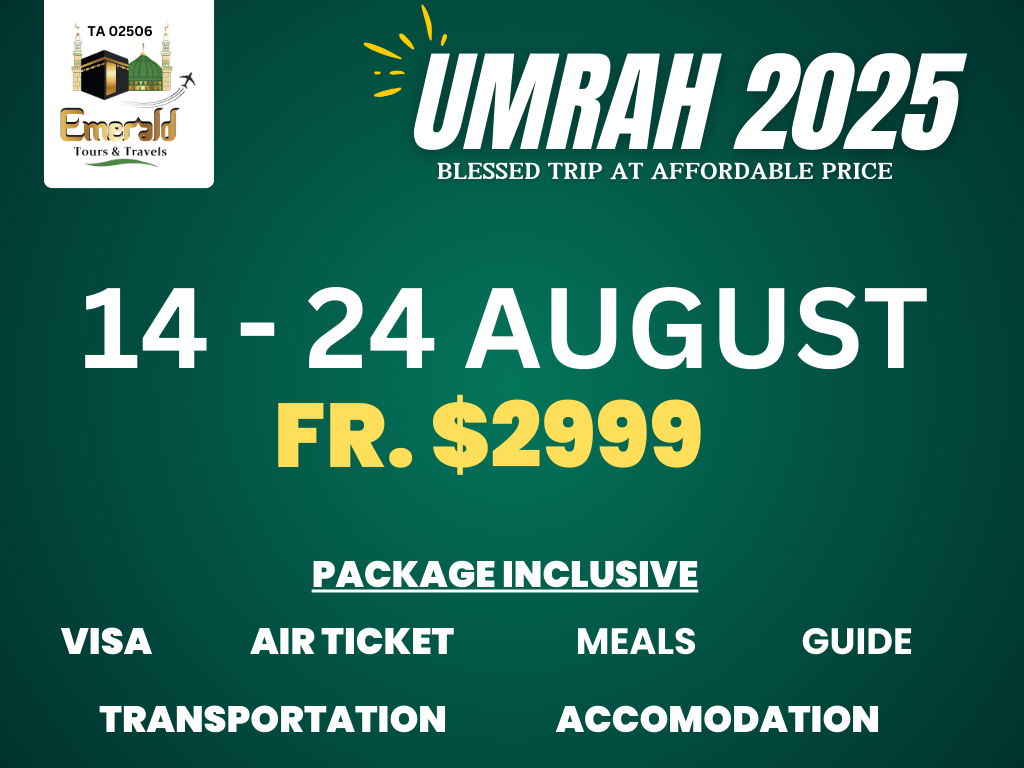 14-24 August 2025 - Front cover of a professionally designed Umrah brochure for 2025, featuring the Kaaba at Masjid al-Haram with golden minarets and pilgrims in white ihram. Text highlights ‘Trusted Umrah Packages from Singapore – Flights, Hotels, Ziyarah & Guidance Included’ with contact details and agency logo at the bottom.